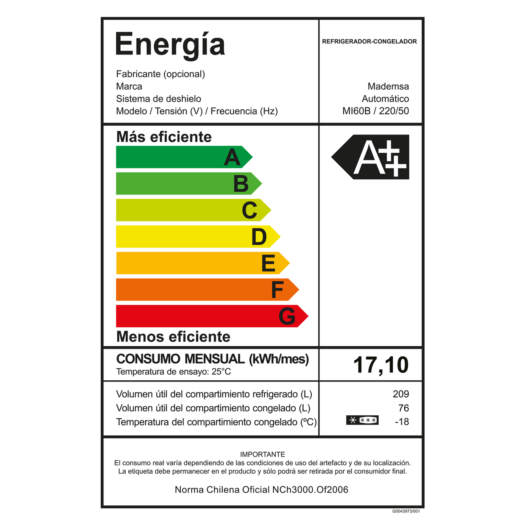 REFRIGERADOR MADEMSA 285L NO FROST BOTTOM FREEZER INVERTER EFFICIENT MI60B NEGRO