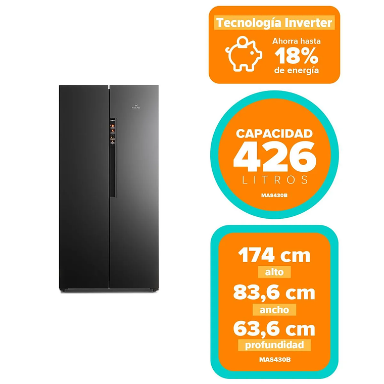 REFRIGERADOR MADEMSA 426L NO FROST SIDE BY SIDE INVERTER PANEL DIGITAL MAS430B NEGRO 2