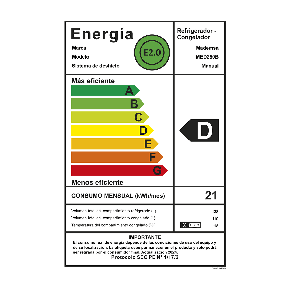 REFRIGERADOR MADEMSA 248L FRÍO DIRECTO BOTTOM FREEZER PUERTA REVERSIBLE MED250B NEGRO 9