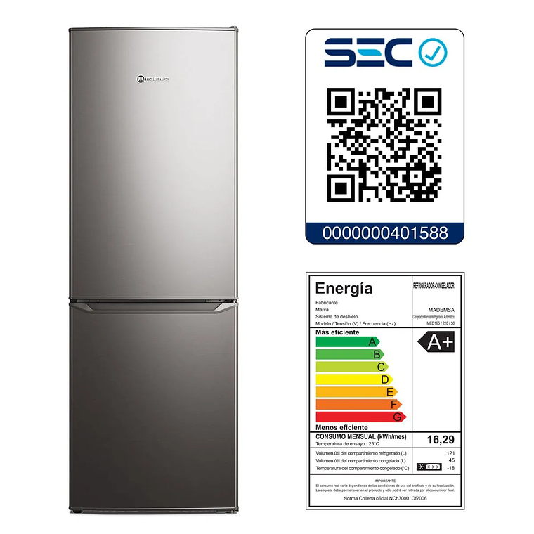 REFRIGERADOR MADEMSA 166L FRÍO DIRECTO BOTTOM FREEZER PUERTA REVERSIBLE MED165 INOX 8
