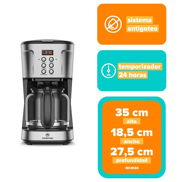 CAFETERA ELÉCTRICA MADEMSA 1,5L PROGRAMABLE 900W MCM30 ACERO INOXIDABLE 2