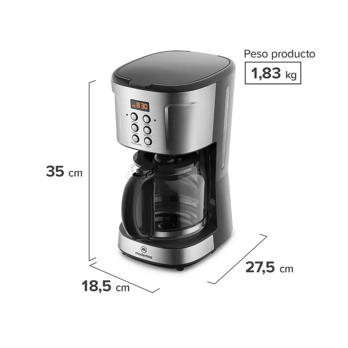 CAFETERA ELÉCTRICA MADEMSA 1,5L PROGRAMABLE 900W MCM30 ACERO INOXIDABLE 6