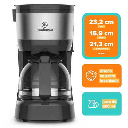 CAFETERA ELÉCTRICA MADEMSA 0,6L JARRA DE VIDRIO 600W MCM10 ACERO INOXIDABLE