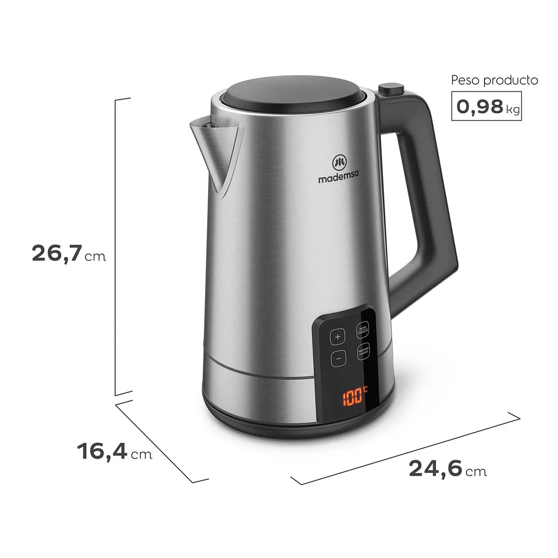 HERVIDOR ELÉCTRICO MADEMSA 2L CON CONTROL DE TEMPERATURA Y PANEL DIGITAL MEK50 ACERO INOXIDABLE 3