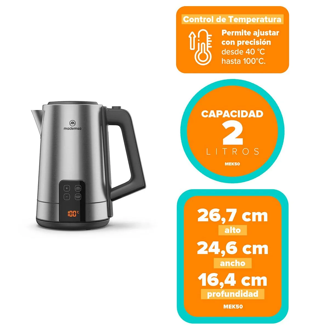 HERVIDOR ELÉCTRICO MADEMSA 2L CON CONTROL DE TEMPERATURA Y PANEL DIGITAL MEK50 ACERO INOXIDABLE 2