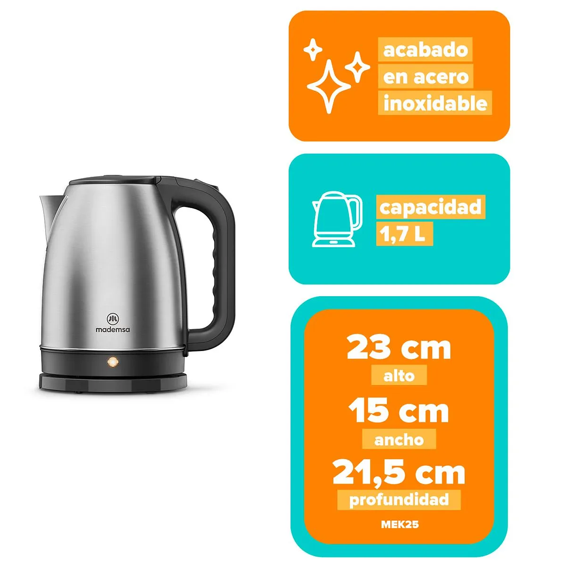 HERVIDOR ELÉCTRICO MADEMSA 1,7L CON APAGADO AUTOMÁTICO MEK25 ACERO INOXIDABLE 2