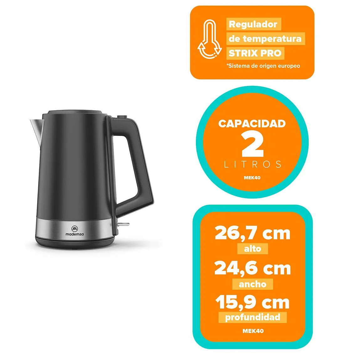 HERVIDOR ELÉCTRICO MADEMSA 2L CON REGULADOR DE TEMPERATURA Y APAGADO AUTOMÁTICO MEK40 NEGRO 2
