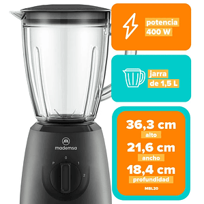 LICUADORA MADEMSA 1,5L CON JARRA DE VIDRIO Y 2 VELOCIDADES 400W MBL20 NEGRA