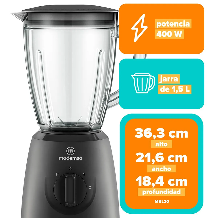 LICUADORA MADEMSA 1,5L CON JARRA DE VIDRIO Y 2 VELOCIDADES 400W MBL20 NEGRA 2