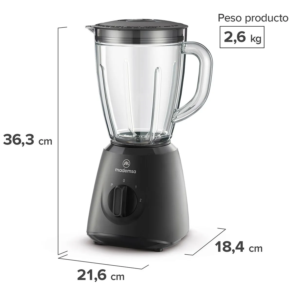 LICUADORA MADEMSA 1,5L CON JARRA DE VIDRIO Y 2 VELOCIDADES 400W MBL20 NEGRA 3