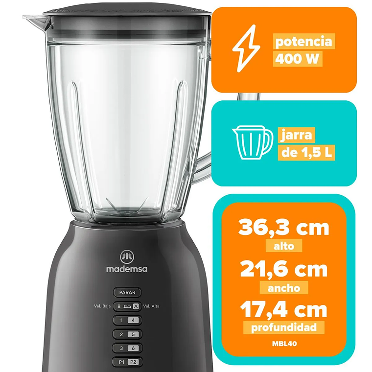 LICUADORA MADEMSA 1,5L CON JARRA DE VIDRIO Y 6 VELOCIDADES 400W MBL40 NEGRA 2