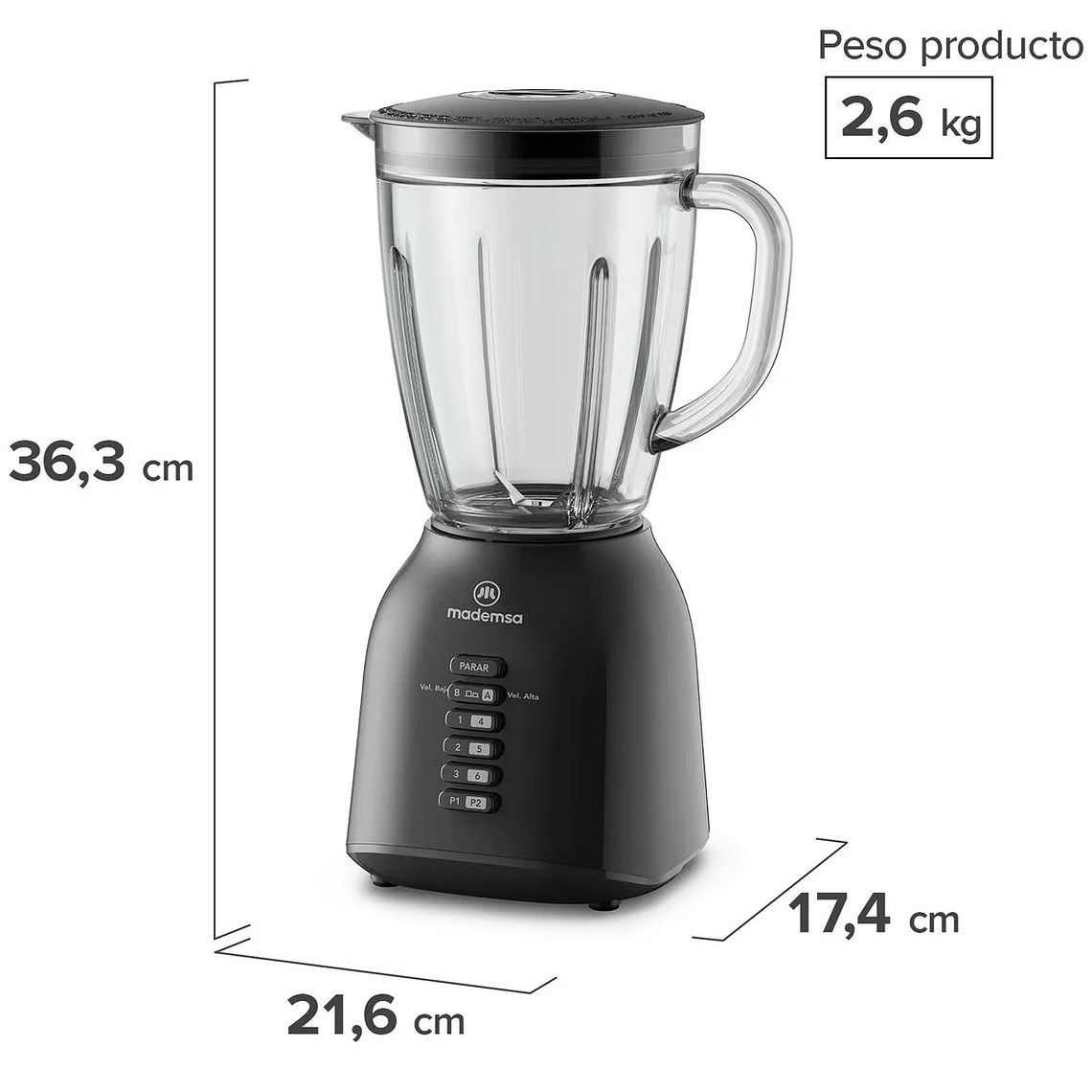 LICUADORA MADEMSA 1,5L CON JARRA DE VIDRIO Y 6 VELOCIDADES 400W MBL40 NEGRA 3