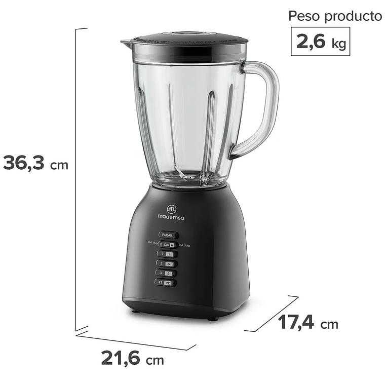 LICUADORA MADEMSA 1,5L CON JARRA DE VIDRIO Y 6 VELOCIDADES 400W MBL40 NEGRA 3