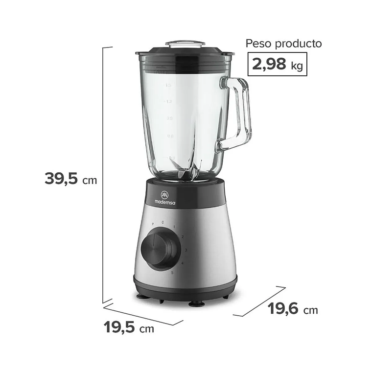 LICUADORA MADEMSA 1,5L CON JARRA DE VIDRIO Y 5 VELOCIDADES 500W MBL50 ACERO INOXIDABLE 3