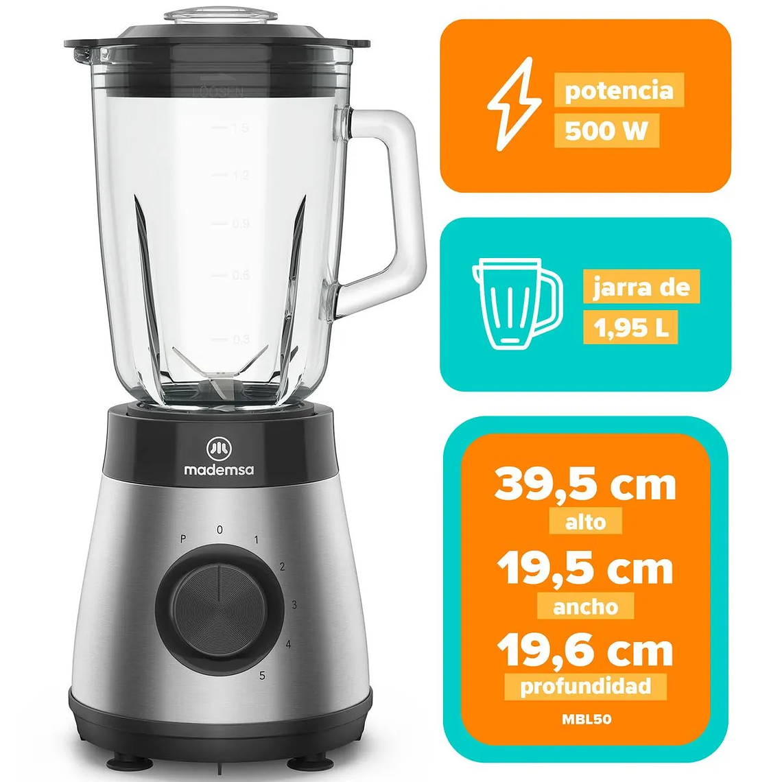 LICUADORA MADEMSA 1,5L CON JARRA DE VIDRIO Y 5 VELOCIDADES 500W MBL50 ACERO INOXIDABLE 2