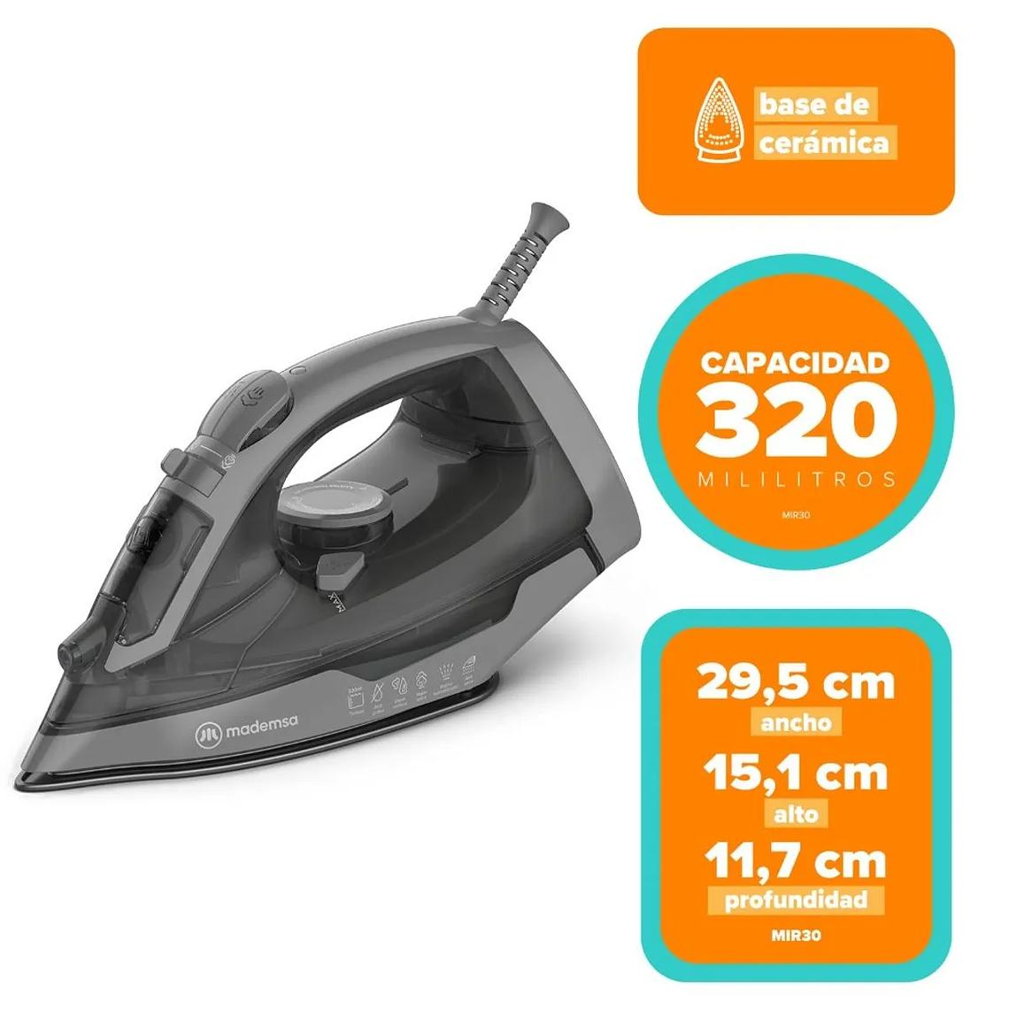 PLANCHA A VAPOR MADEMSA CON BASE DE CERÁMICA Y SISTEMA ANTISARRO MIR30 GRIS 2