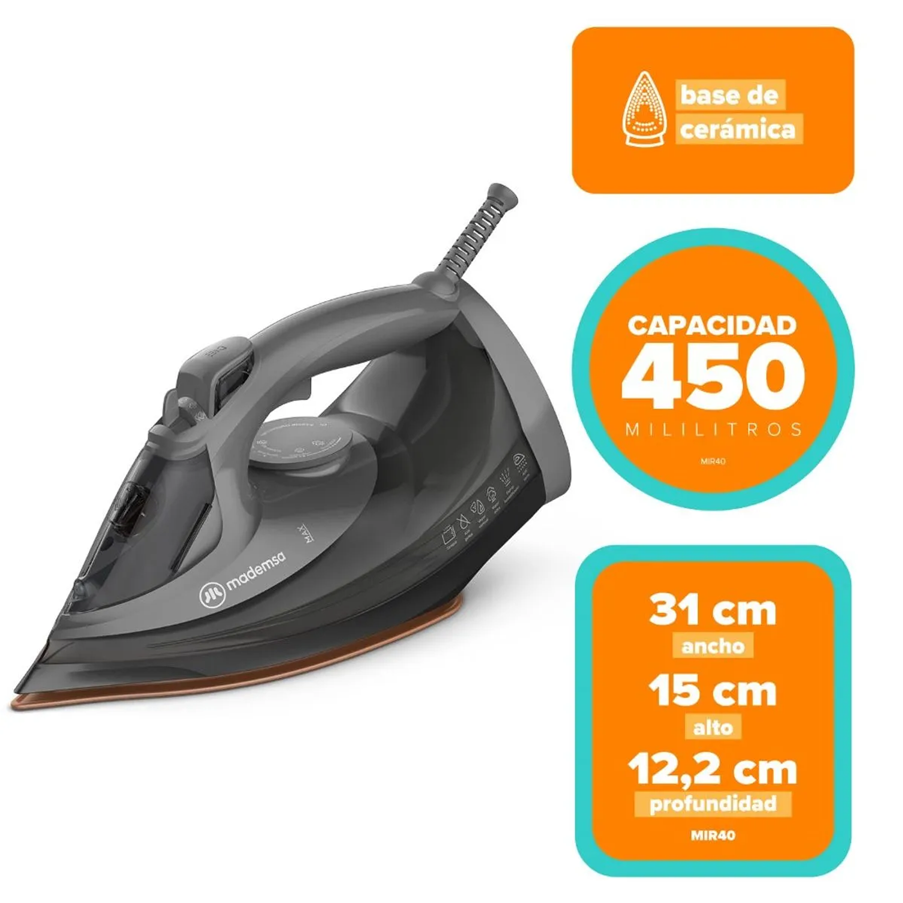 PLANCHA A VAPOR MADEMSA CON BASE DE CERÁMICA Y APAGADO AUTOMÁTICO MIR40 GRIS