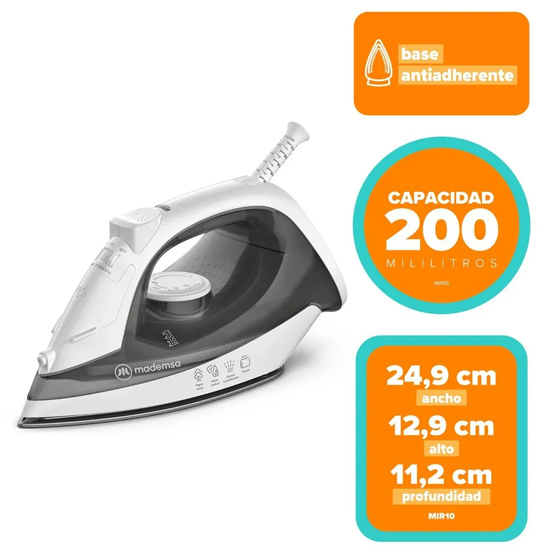 PLANCHA A VAPOR MADEMSA CON BASE ANTIADHERENTE Y VAPOR VERTICAL MIR10 BLANCA 2