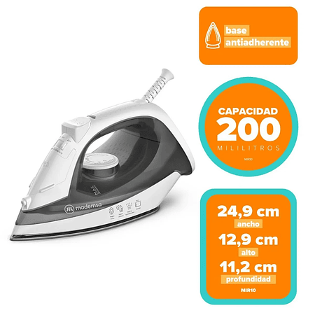 PLANCHA A VAPOR MADEMSA CON BASE ANTIADHERENTE Y VAPOR VERTICAL MIR10 BLANCA