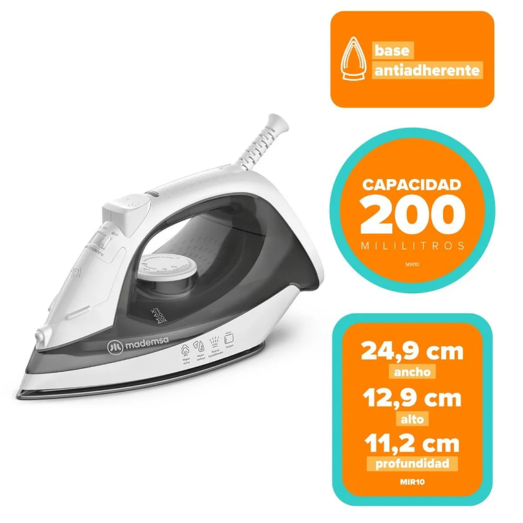 PLANCHA A VAPOR MADEMSA CON BASE ANTIADHERENTE Y VAPOR VERTICAL MIR10 BLANCA 2