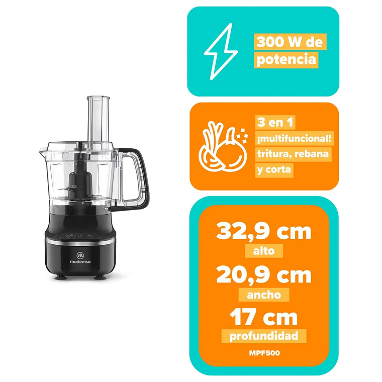 PROCESADOR DE ALIMENTOS MADEMSA MULTIFUNCIONAL 3 EN 1 300W MFP500 NEGRO 2