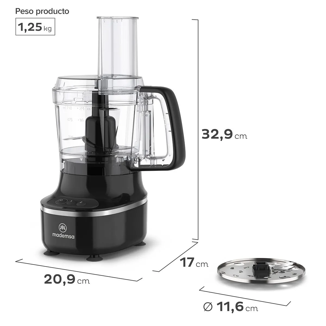 PROCESADOR DE ALIMENTOS MADEMSA MULTIFUNCIONAL 3 EN 1 300W MFP500 NEGRO 3