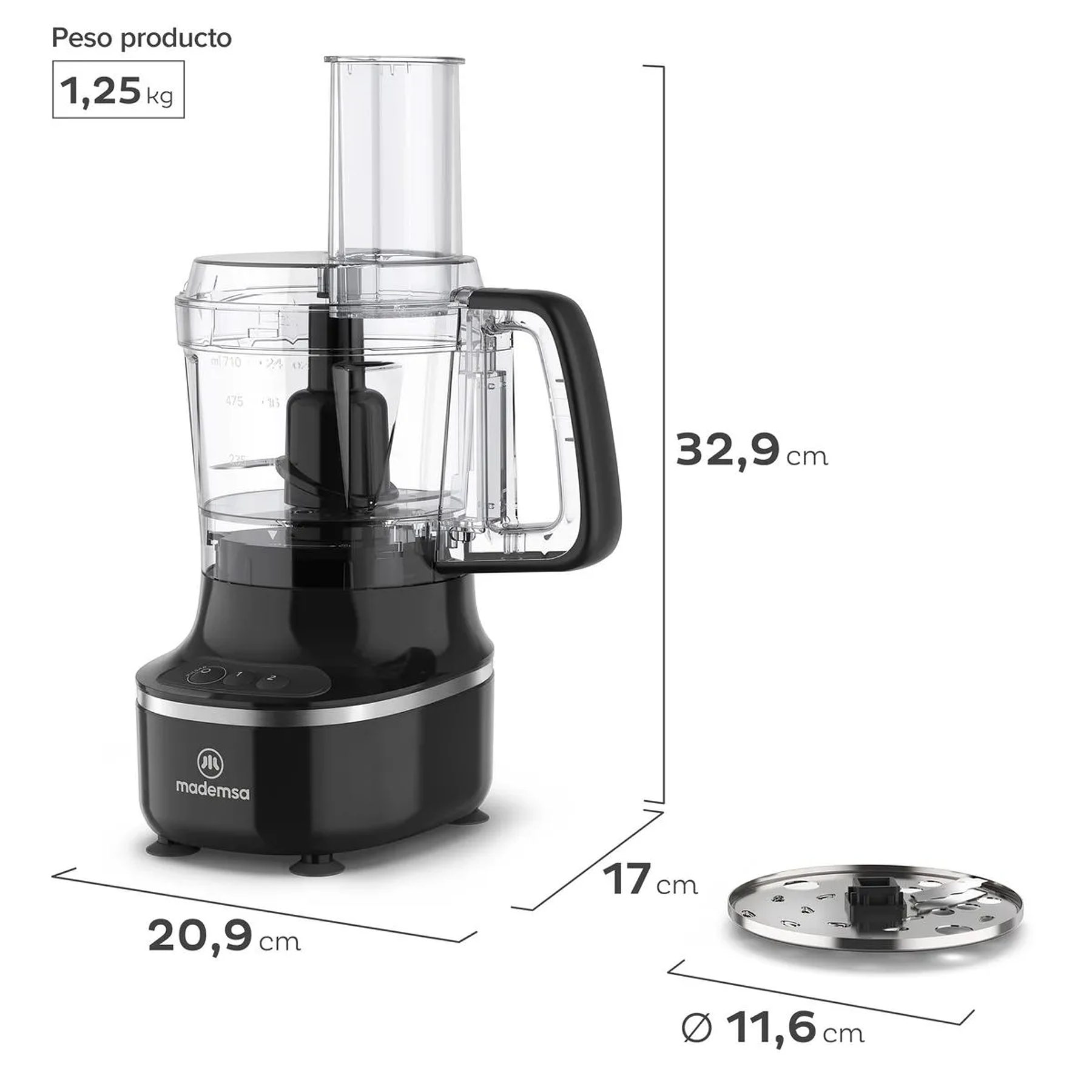 PROCESADOR DE ALIMENTOS MADEMSA MULTIFUNCIONAL 3 EN 1 300W MFP500 NEGRO