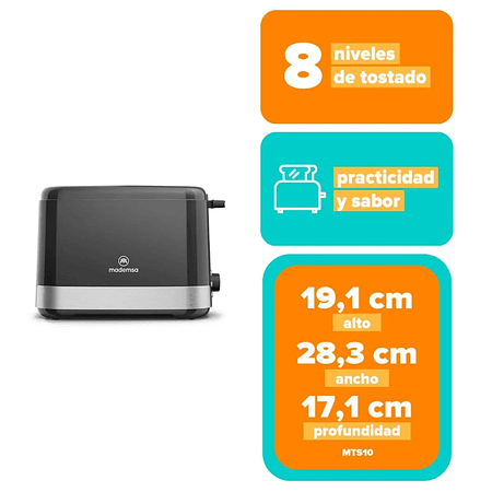 TOSTADOR MADEMSA CON 8 NIVELES DE TOSTADO Y 3 FUNCIONES 800W MTS10 NEGRO