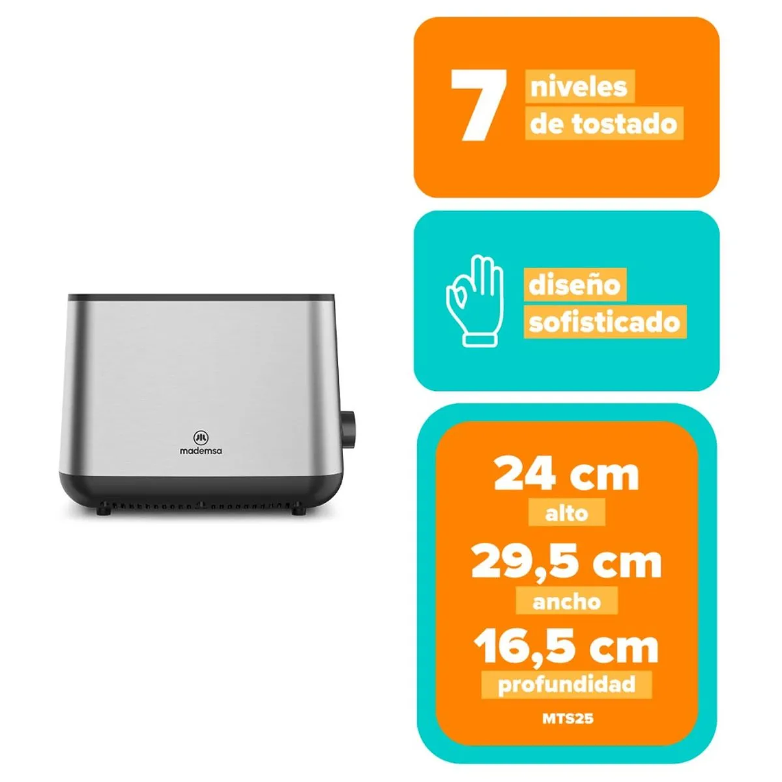 TOSTADOR MADEMSA CON 7 NIVELES DE TOSTADO Y 3 FUNCIONES 730W MTS25 ACERO INOXIDABLE 2