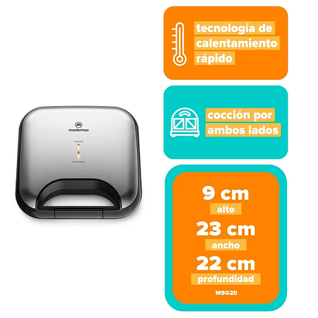 SANDWICHERA MADEMSA CON CALENTAMIENTO RÁPIDO MSG20 ACERO INOXIDABLE