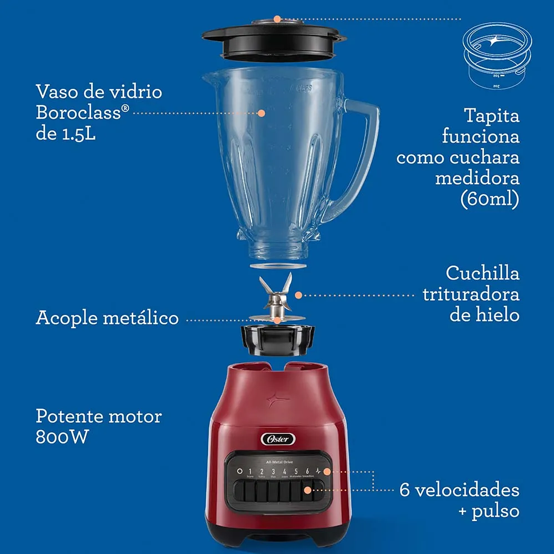 LICUADORA OSTER CON VASO DE VIDRIO Y 6 VELOCIDADES MÁS PULSO BLSTPEGRPB 11