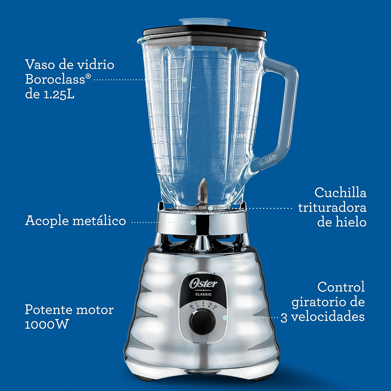 LICUADORA CLÁSICA OSTER CROMO CON PERILLA ERGONÓMICA DE 3 VELOCIDADES BLST4655 10