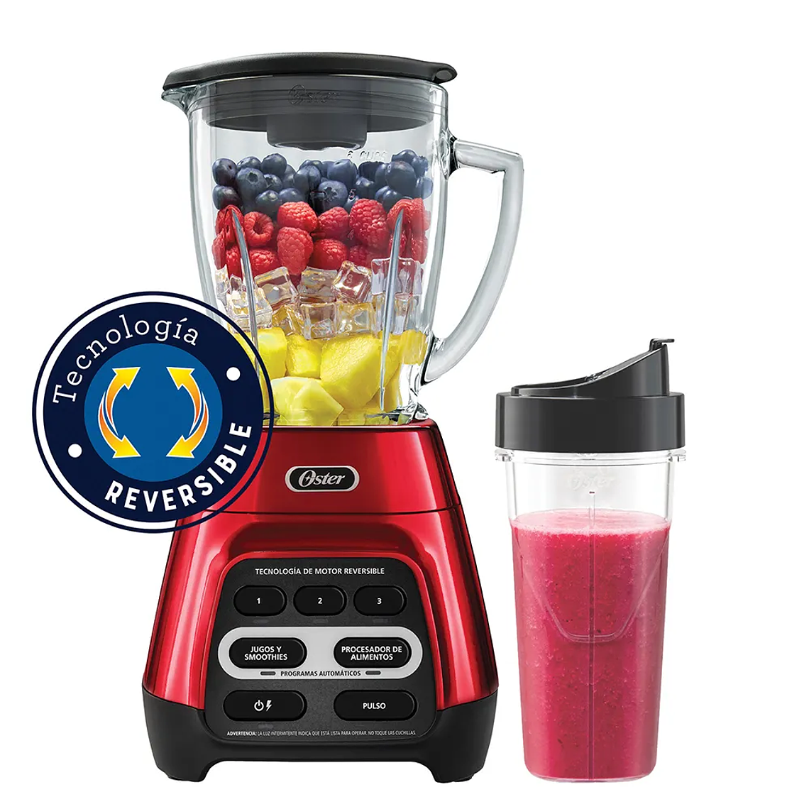 LICUADORA OSTER ROJA CON PROGRAMAS AUTOMÁTICOS, TECNOLOGÍA REVERSIBLE Y VASO BLEND-N-GO BLSTPYG1310RBG 1