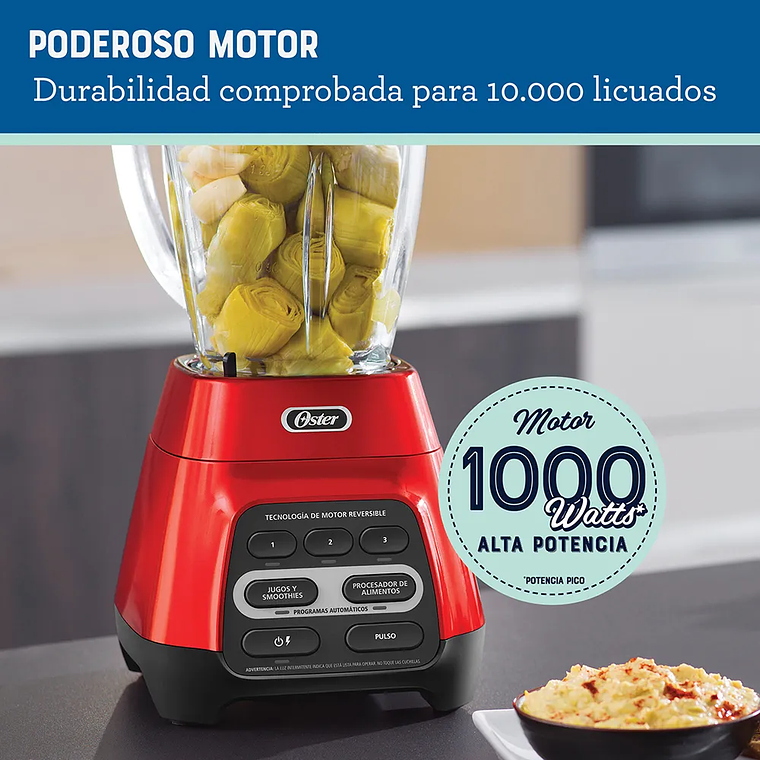 LICUADORA OSTER ROJA CON PROGRAMAS AUTOMÁTICOS, TECNOLOGÍA REVERSIBLE Y VASO BLEND-N-GO BLSTPYG1310RBG 8