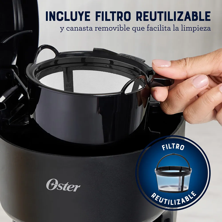 CAFETERA OSTER, 5 TAZAS DE CAPACIDAD, CON FILTRO REUTILIZABLE, BOTÓN CON LUZ DE ENCENDIDO Y APAGADO, COLOR NEGRO, BVSTDCS51B 5
