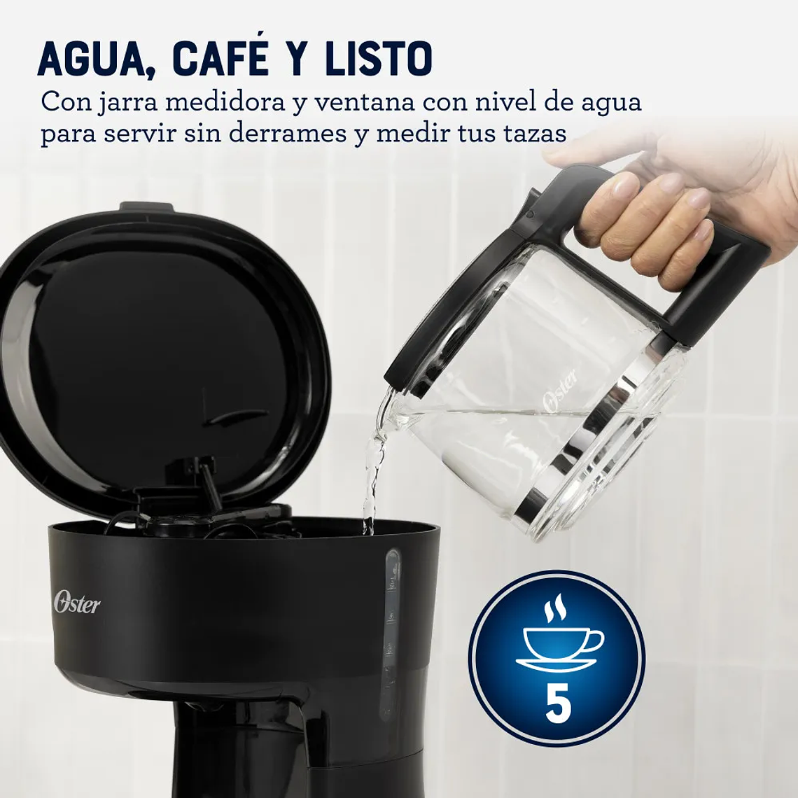 CAFETERA OSTER, 5 TAZAS DE CAPACIDAD, CON FILTRO REUTILIZABLE, BOTÓN CON LUZ DE ENCENDIDO Y APAGADO, COLOR NEGRO, BVSTDCS51B 6