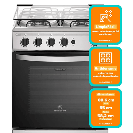 COCINA A GAS 4 PLATOS MADEMSA CON LIMPIAFÁCIL Y BOTÓN DE ENCENDIDO M 520 T INOX