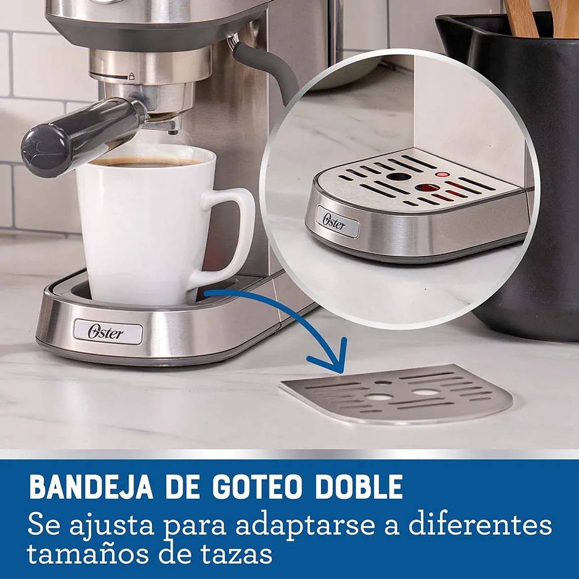 OSTER CAFETERA COMPACTA, PARA ESPRESSO Y CAPPUCCINO, BOMBA ITALIANA 15 BAR, ACCESORIOS PROFESIONALES, PLATEADA, BVSTEM7200 8