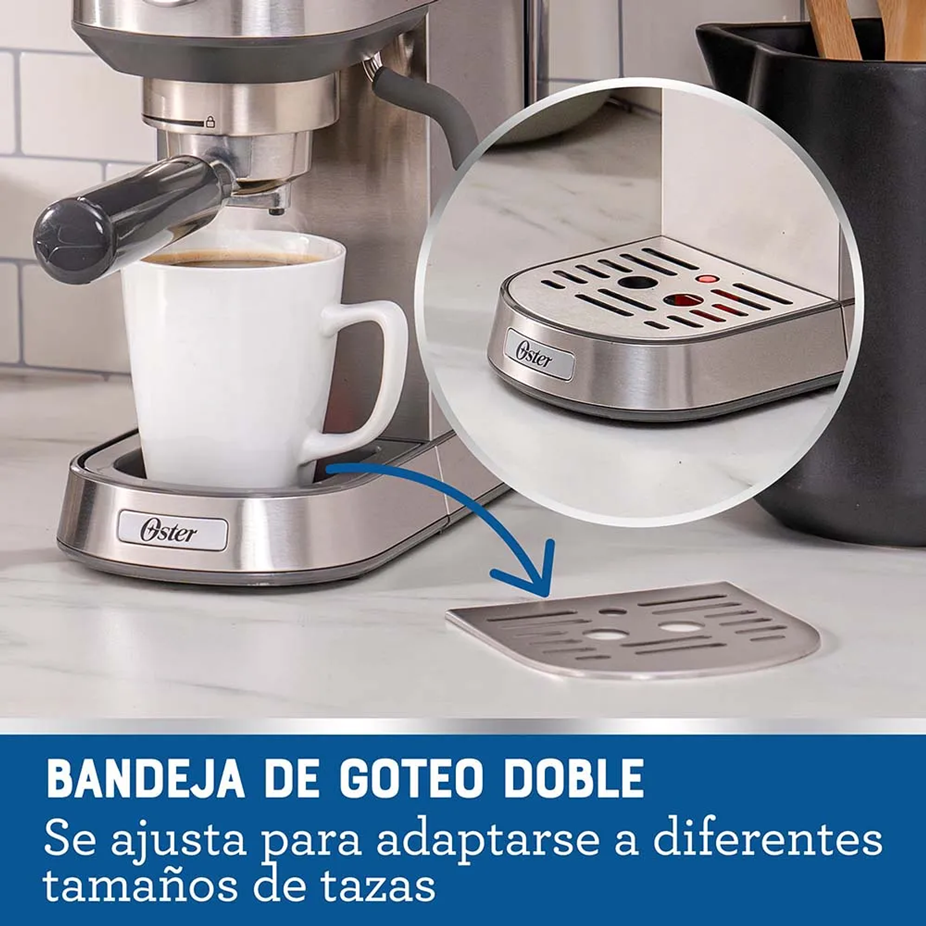 OSTER CAFETERA COMPACTA, PARA ESPRESSO Y CAPPUCCINO, BOMBA ITALIANA 15 BAR, ACCESORIOS PROFESIONALES, PLATEADA, BVSTEM7200