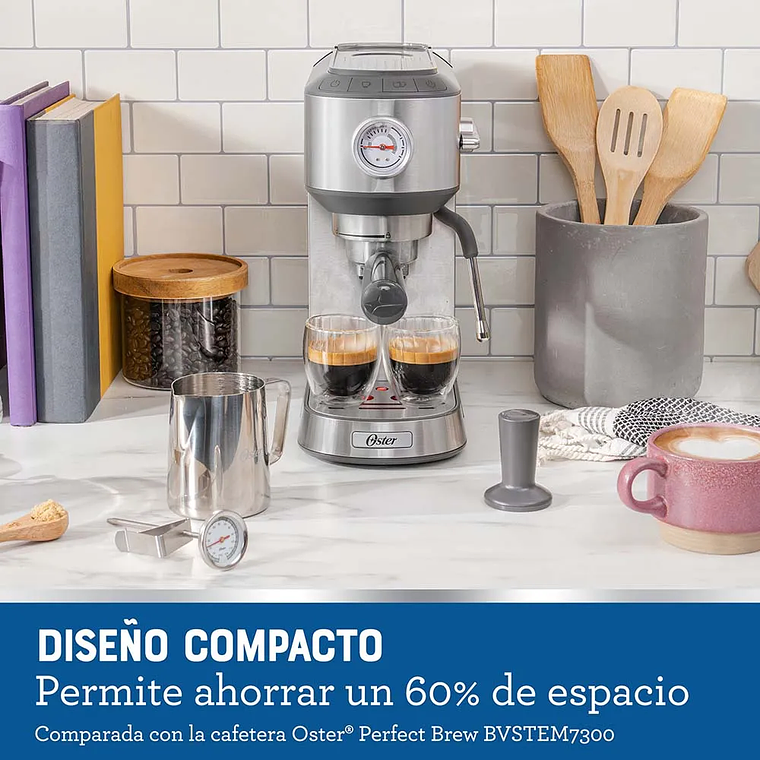 OSTER CAFETERA COMPACTA, PARA ESPRESSO Y CAPPUCCINO, BOMBA ITALIANA 15 BAR, ACCESORIOS PROFESIONALES, PLATEADA, BVSTEM7200 10