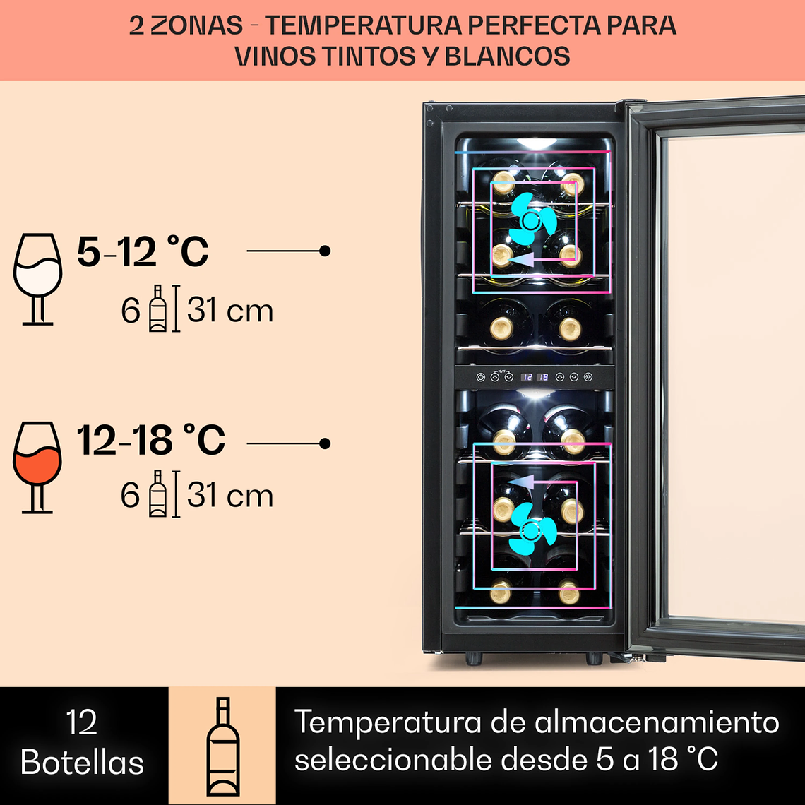 Shiraz 28,5cm 12 Botellas Vinoteca 2 Zonas Negro 7