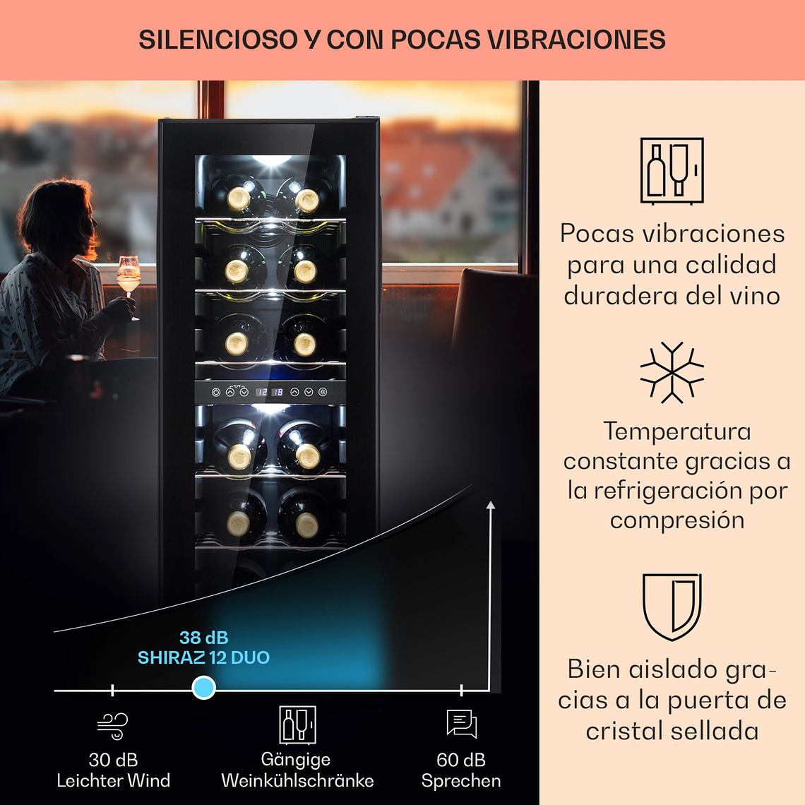 Shiraz 28,5cm 12 Botellas Vinoteca 2 Zonas Negro 2