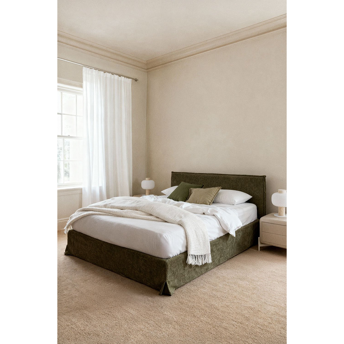 Cama para colchón 180x200cm con canapé abatible en chenilla verde salvia Lorea 1