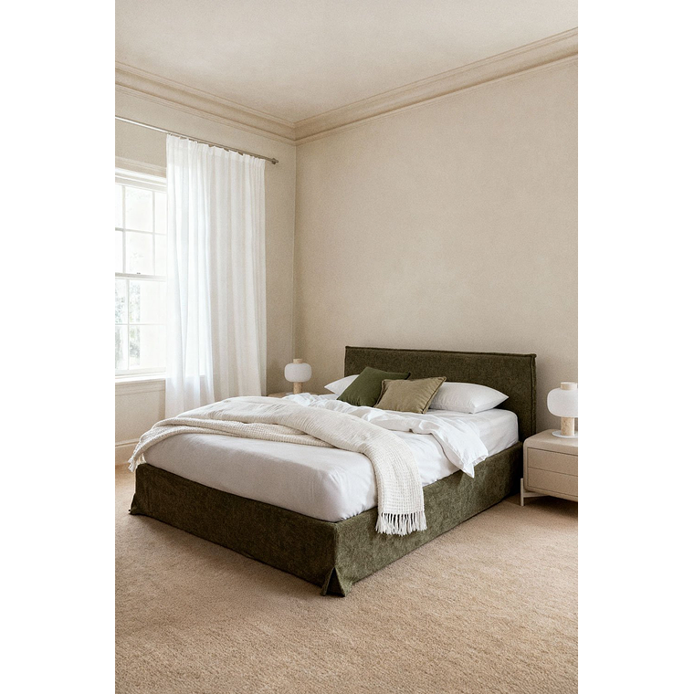 Cama para colchón 180x200cm con canapé abatible en chenilla verde salvia Lorea 1