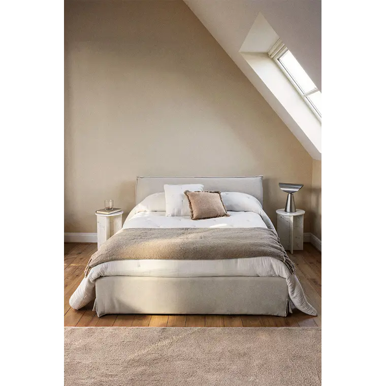 Cama para colchón 140x190 cm con canapé abatible tapizada en chenilla blanco roto Lorea 1