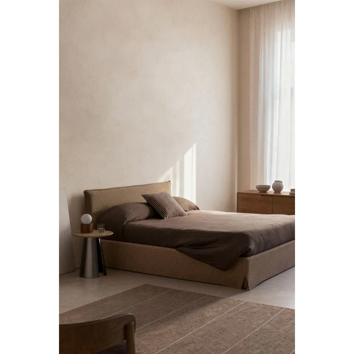 Cama para colchón 160x200cm con canapé abatible en bouclé marrón trigo Lorea 1