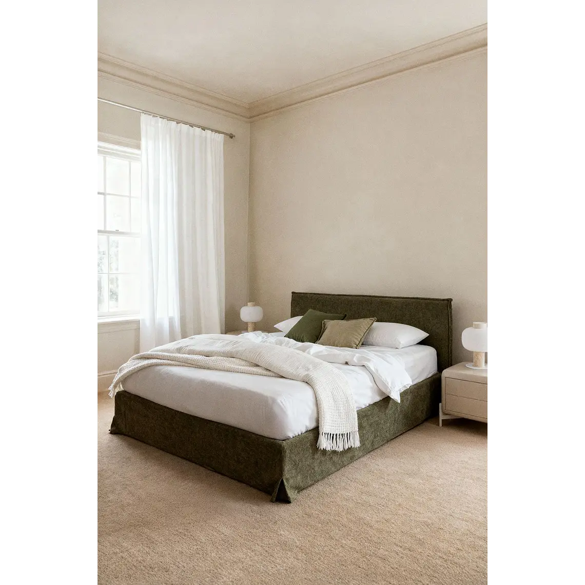 Cama para colchón 180x200cm con canapé abatible en chenilla verde salvia Lorea 1