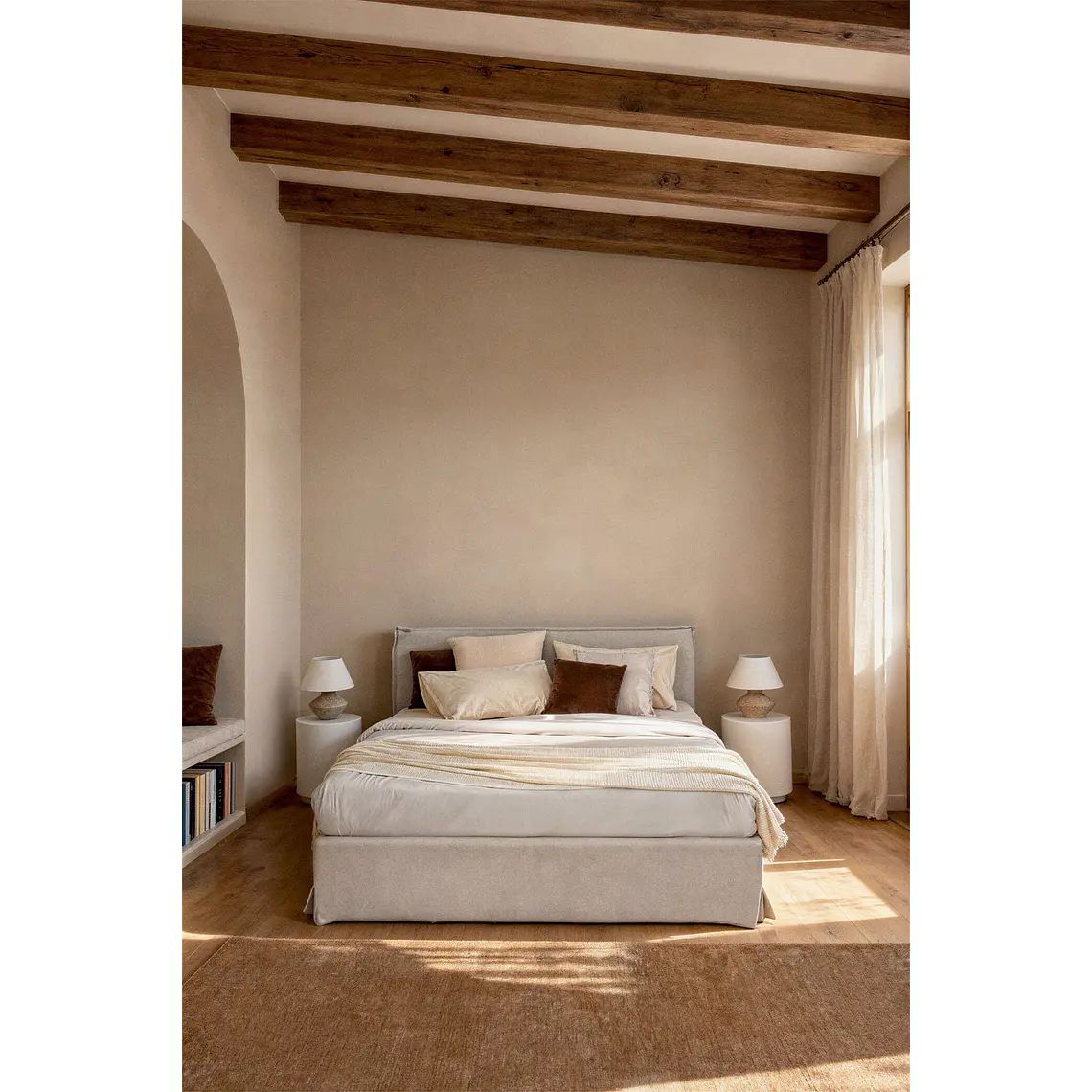 Cama para colchón 150x190cm con canapé abatible en chenilla blanco roto Lorea 1