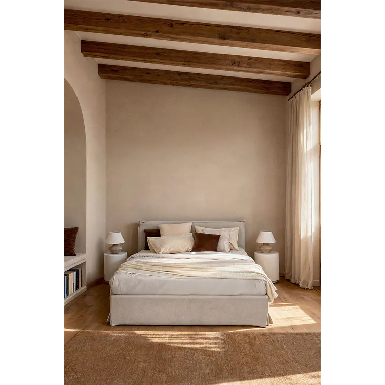 Cama para colchón 150x190cm con canapé abatible en chenilla blanco roto Lorea 1