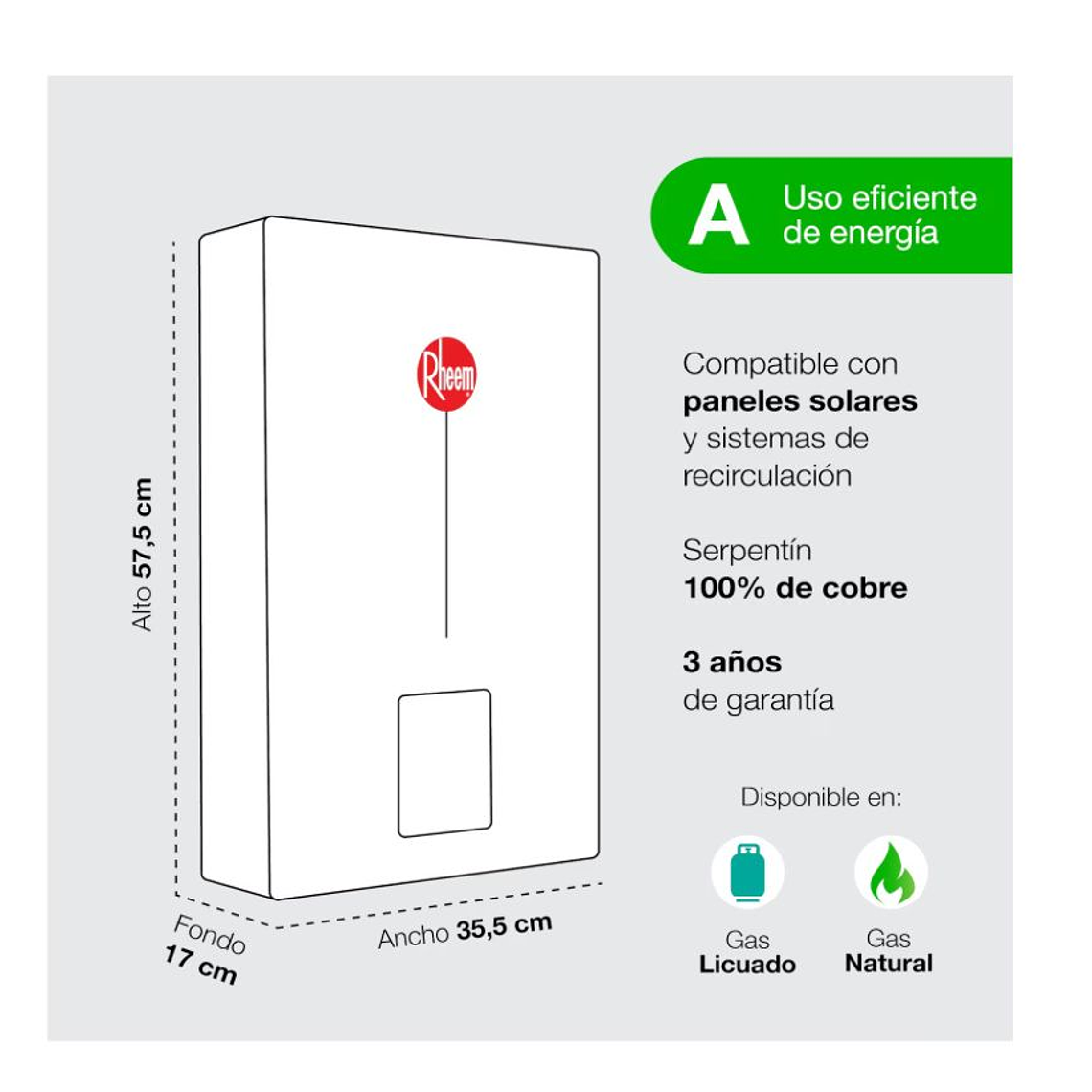 Pack Calefont Rheem 16L. T.Forzado G.Licuado + Kit Ductos 5
